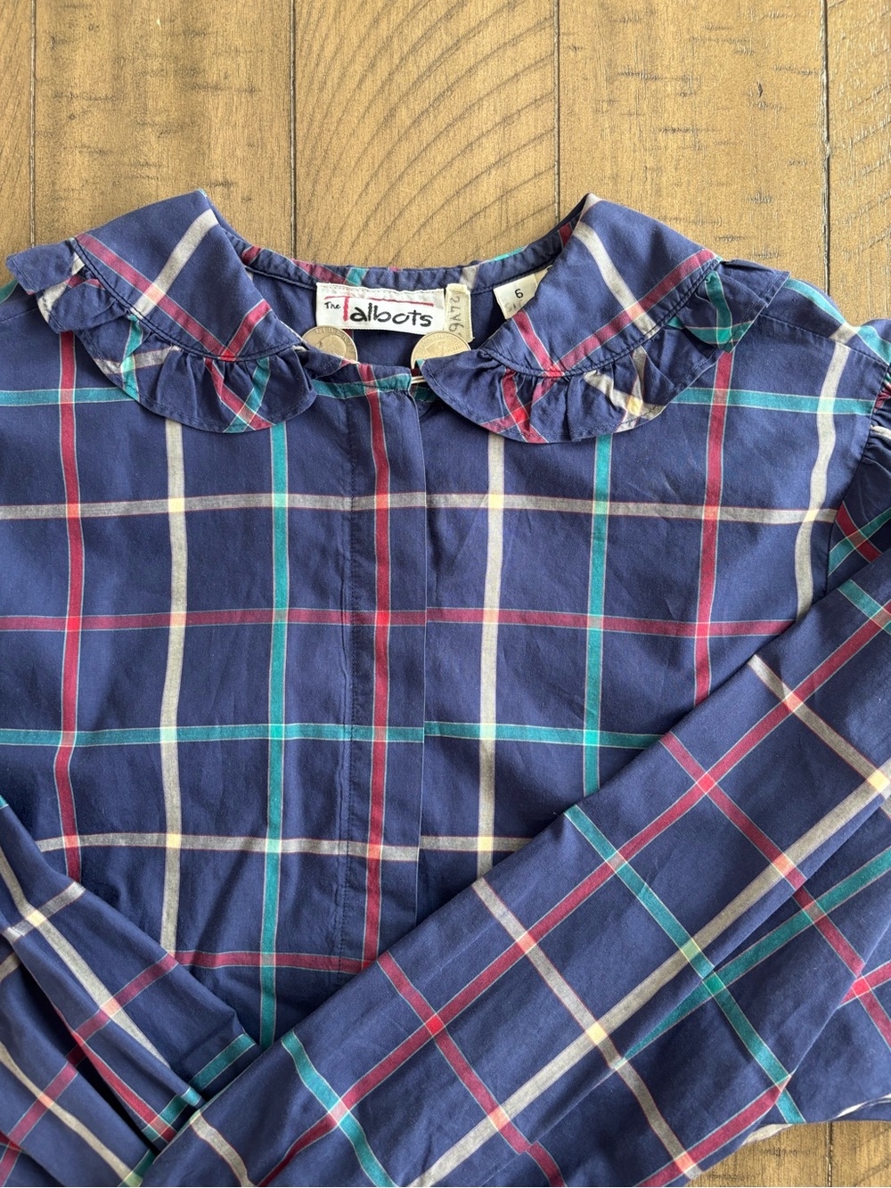 Talbots Navy Plaid Ruffle-Collar Button-Down Top - Picture 3 of 8